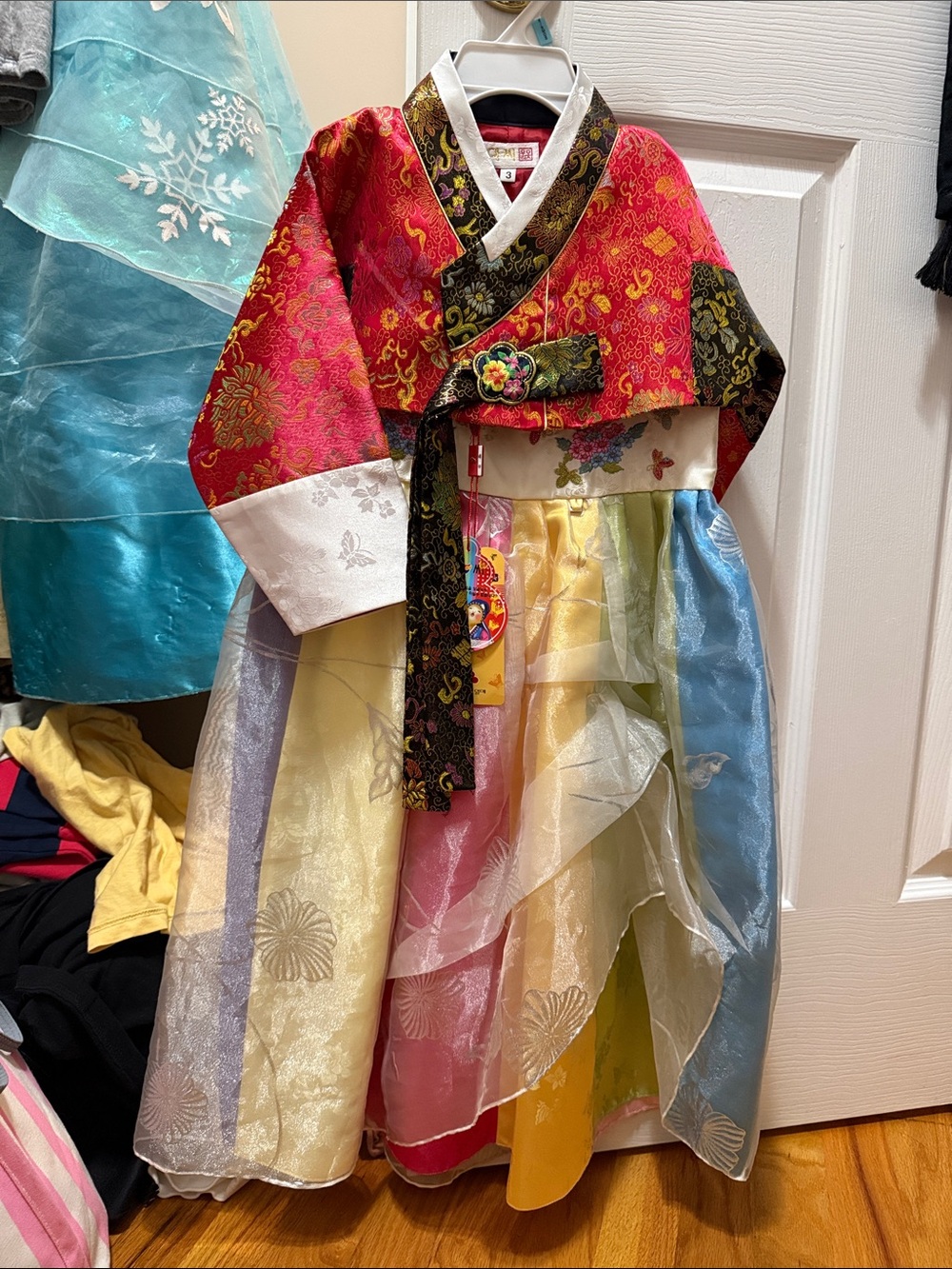 Girls Traditional Multicolor Hanbok Costume with Red Jacket - Kids Theater Dress